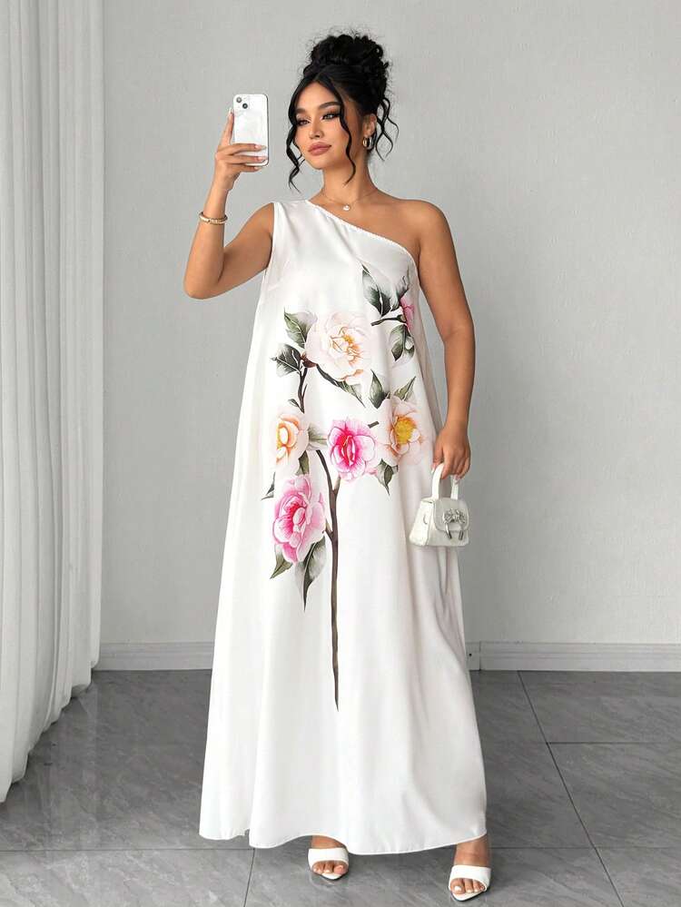 Elenzga 大码女式宽松印花无袖不对称肩部优雅连衣裙 - 米色 - 查看 4