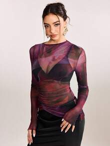 plantica Casual Sexy Urban Chic Minimalist Fashion Women's Black Long Sleeve Fitted Semi-Sheer Mesh Floral Print Blouse, Suitable For Outings, Travel, Dates, Parties, Holidays, Valentine's Day, Spring/Summer,Going Out,Sexy, Elegant,, Wedding Guest, Music Festival, Musician, Night Club - Black - View 3