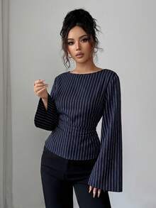 Siren Gaze Women's Navy Striped Boat Neck Bell Sleeve Long-Sleeve Ruffled Collar Fashion Shirt Fitted Shirt Striped Shirt Elegant Women's Shirt Commuter Wear Teacher's Shirt All-Season Casual Shirt Spring - Navy Blue - View 7