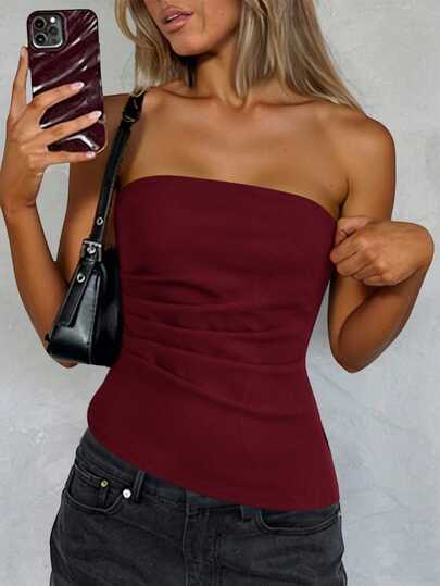 SHEIN Essnce 女士纯色抹胸褶皱不对称下摆时尚上衣无肩带连体衣曲线抹胸红色抹胸无肩带抹胸