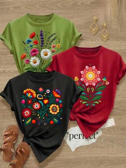 Conjunto paquete set packk 3 piezas camiseta playera blusa gráfica estampada mujer dama básica manga corta cuello redondo estampado imitación bordado hilo mexicano flores flor floral primavera verano uso diario día noche casual corte regular cómoda fresca ligera moderna juvenil colegio escuela calle casa
