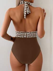 Swim Lushoire 女士几何印花深V露背连体泳衣，度假款 - 彩色 - 查看 2