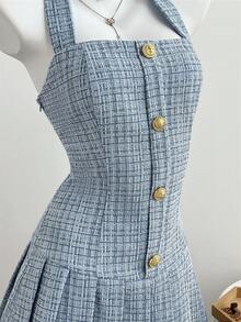 Elamini 女士白色短款连衣裙，优雅的秋冬日常、派对、休闲装扮，翻领褶裥粗花呢面料 - 藍色 - 查看 5