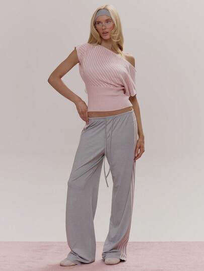 MUSERA Pink Side Stripe Drawstring Tie Waist Wide Leg Relaxed Trouser Cute Girly Sexy Spring Winter Going Out Daily Easter Sugar Swizzle
