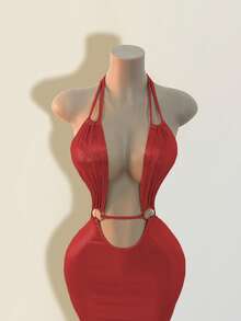 BamGleam 女士纯色镂空设计圆环连接性感紧身吊带连衣裙 - 紅色 - 查看 3