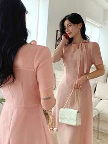 DAZY Women's Bow Tie Waist Fit & Flare Midi Dress - Pink - View 1