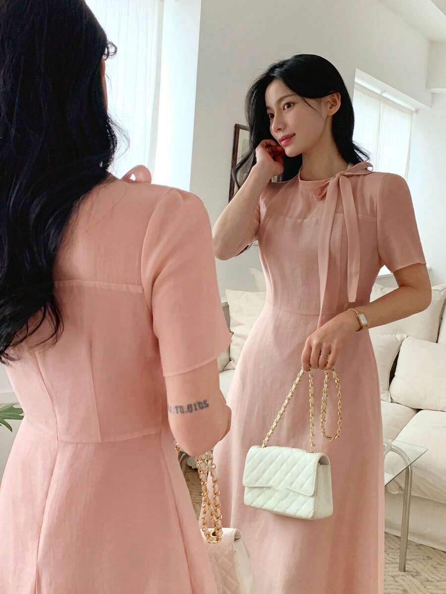 DAZY Women's Bow Tie Waist Fit & Flare Midi Dress - Pink - View 1