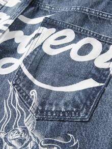 ROMWE MEN Men's Letter & Skull Print Pocket Casual Denim Shorts - Blue - View 4