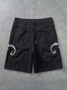 ROMWE MEN Goth Quần short denim nam thường ngày, có túi, cài nút và thêu hình bọ cạp. - Màu xanh lam - Xem 2