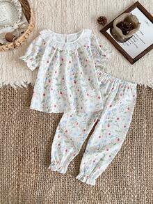 Young Girl Floral Print Ruffle Trim Puff Sleeve Top And Pants Pajama Set Toddler Sleepwear Girls Pajama Set Summer Sleepwear Sets Pyjama Set For Girls - Multicolor - View 8