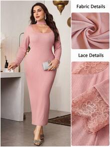 Modelyn Romantic Lace Collar Patchwork Long Sleeve Slim Fit Knit Dress, Spring/Summer - Coral Pink - View 4