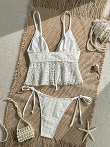 Elavelle 女士春夏提花面料吊带系带金属装饰吊带比基尼上衣 - 米色 - 查看 2