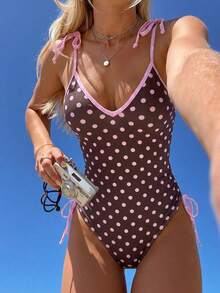 Swim Mod-D 女士波点随机印花细肩带系带连体泳衣，春夏款 - 彩色 - 查看 3