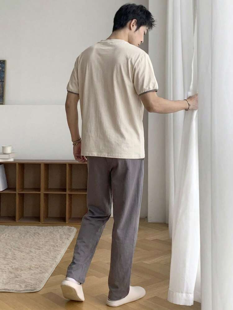 Men's Summer Printed Short Sleeve Top And Long Pants Pajama Set