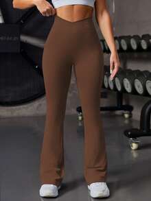 Solea Cove Pantalones deportivos sin costuras de pierna acampanada y acanalados de unicolor para mujer - Café integral - Ver 3