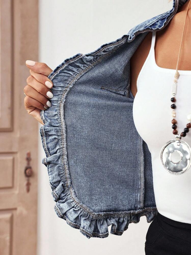 EMERY ROSE Plus Size Women Street Casual Comfortable Ruffle Trim Mid-Blue Denim Jacket - Medium Wash - View 9