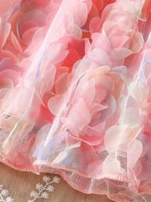 SHEIN 少女彩色3D玫瑰纹理网纱A字公主裙，百搭可爱甜美日常装扮 - 粉色 - 查看 5