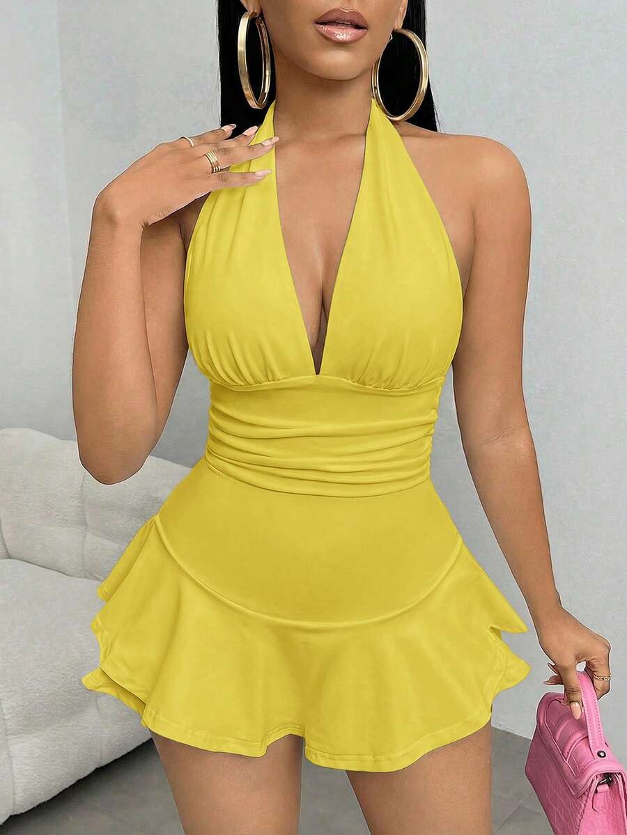 SHEIN SXY Áo liền quần kiểu dáng thường ngày, màu trơn, cổ yếm, xếp ly, hở lưng. - Màu vàng - Xem 1