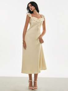 Poéselle 女士时尚优雅露肩蕾丝边中长连衣裙 - 杏色 - 查看 5