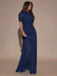 SHEIN BAE 优雅褶皱半身修身连衣裙，适合鸡尾酒会、浪漫约会、秋冬叠穿、派对、正式聚会、万圣节、圣诞节等场合。 - 藏蓝色 - 查看 7