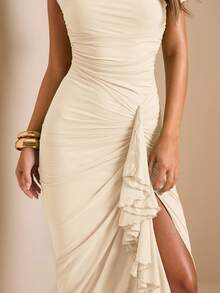 SHEIN BAE Solid Color Elegant Green Date & Sage Green Ruffled Neck Tie Sleeve Pleated Ruffle Hem High Slit Asymmetric Shoulder Gathered Dress Luxurious Women's Lace Bodycon Dress, Party Dress, Romantic Date Dress, Bridesmaid Mini Dress, Prom Dress, Birthday Mini Dress - Apricot - View 7