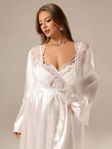 Auralis 大码优雅浪漫蕾丝拼接镂空缎面吊带裙和网纱睡袍睡衣套装，秋冬服装 - 白色 - 查看 4