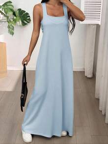 SHEIN EZwear 女士纯色简约设计休闲长裙，夏季 - 藍色 - 查看 5