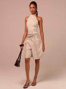 COSMINA 露背系带上衣和短裤套装，条纹两件套，优雅OL套装，杏色，适合办公室、街头风格，时尚搭配套装，夏季女装 - 杏色 - 查看 6