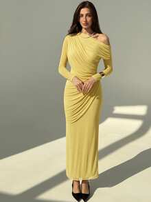 Aloruh Elegant Solid Color One Shoulder Ruched Dress, Casual & Party Wear - Yellow - View 4