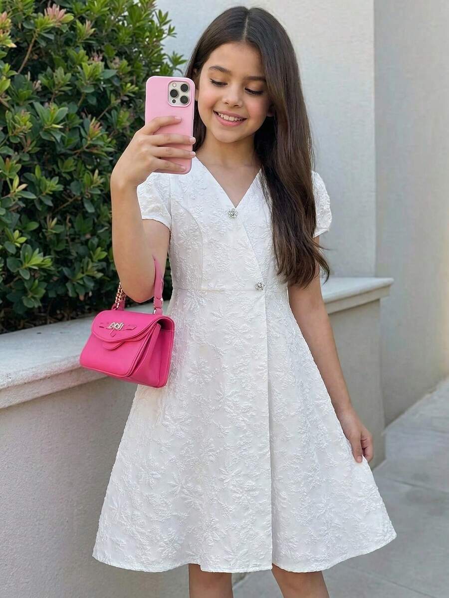 Firerie Kids 少女象牙色泡泡袖收腰休闲日常假日派对可爱甜美优雅连衣裙 - 白色 - 查看 1