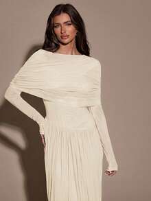 SHEIN BAE Women's Solid Color Boat Neck Ruched Long Sleeve Dress - Apricot - View 5