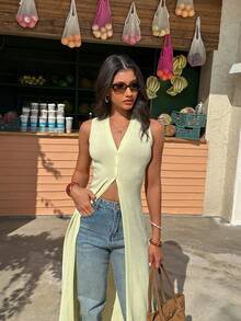 Selianne Sexy European Style V-Neck Sleeveless Slit Design Buttoned Cardigan Sweater Vest, Slim Fit For Women, Spring/Summer - Yellow - View 1