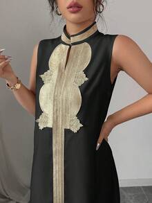 Rafferiza 中东风格女式金色镶边无袖开衩连衣裙 - 黑色 - 查看 1