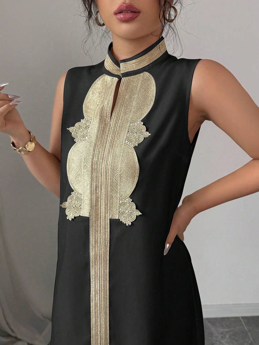Rafferiza Đầm không tay xẻ tà kiểu Trung Đông đính vàng dành cho nữ - màu đen - Xem 1