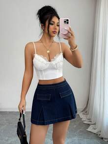 Elenzga 女士修身A字牛仔裙 - 深色水洗藍 - 查看 5