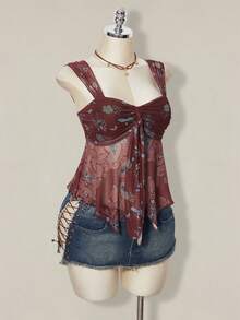 SHEIN ICON Áo tank top không tay in họa tiết tối giản kiểu miền Tây, phong cách hippie, áo cao bồi, áo kiểu khăn choàng, hàng mới về năm 2026 dành cho nữ, thích hợp cho các lễ hội mùa xuân hè. - Nhiều màu - Xem 9