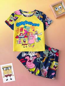 SpongeBob SquarePants | SHEIN 男童字母卡通图案圆领短袖上衣和短裤睡衣套装 - 藍色 - 查看 3