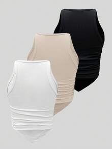 SHEIN ChicEase Multi-Color Set Of Camisole Tops With V-Shaped Hem And Pleated Back 3 Pack Tops Tank Tops Women Women's Tank Tops Ribbed Tank Tops Ribbed Tops Tight Tops - Multicolor - View 2