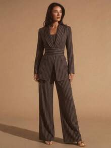 Glamine 女士棕色披肩领三件套西装套装，女士休闲通勤百搭套装，适合办公室、通勤、外出等场合，宽松休闲套装 - 棕色 - 查看 6