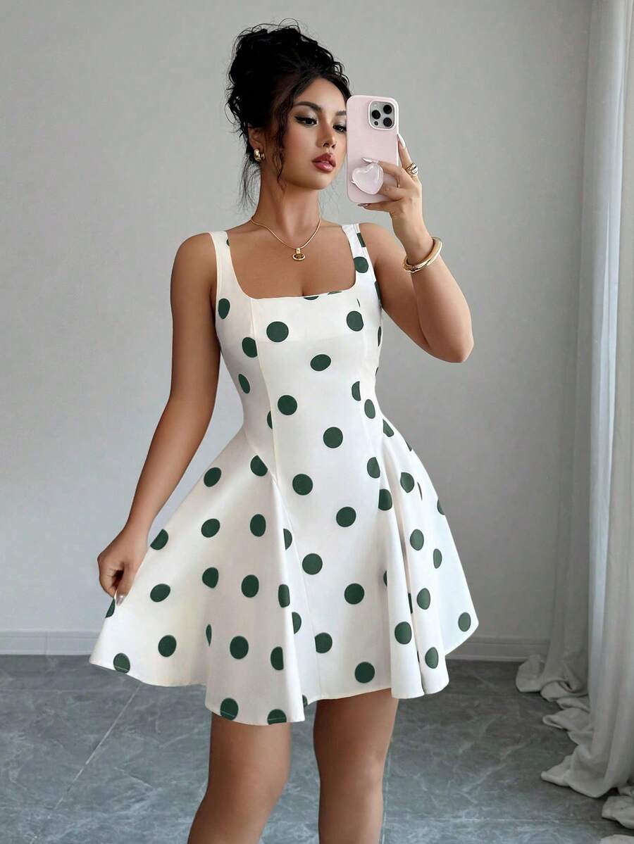Elenzga Đầm ngắn thanh lịch cổ vuông chấm bi đen - Màu xanh lá cây đậm - Xem 1