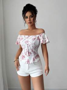 Elenzga 女士夏季度假风印花露肩荷叶边衬衫 - 粉色 - 查看 6