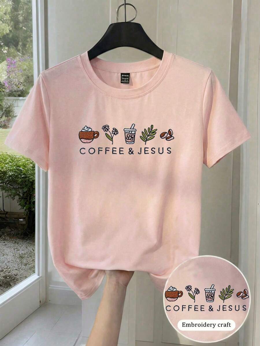 Coffee Beans Embroidery Graphic Round Neck Women T-Shirt - Baby Pink - View 1