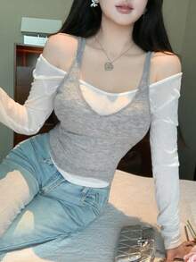 FRIFUL 2pcs Women's One-Shoulder T-Shirt & Camisole Set, Sexy Tight Fitting Outfit, Suitable For Spring To Summer - White - View 1