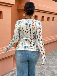 Selianne 大码女式印花修身长袖T恤，休闲日常穿着 - 彩色 - 查看 2