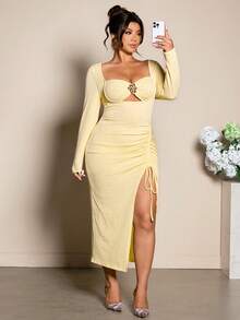 Cravure Plus Size Women Asymmetrical Hem Textured Long Sleeve Dress - Light Yellow - View 6
