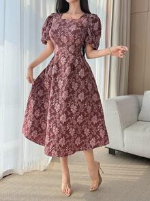 DAZY 女士方领收腰A字纹理面料连衣裙波西米亚风 - 酒紅色 - 查看 4