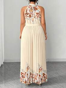 Elenzga Mono de pierna ancha con cuello de halter plisado y estampado para mujer de talla grande, estilo elegante y romántico para citas de primavera/verano. Monos elegantes y bohemios para mujer, conjuntos de ropa de vacaciones, atuendos de verano para mujer, atuendos de primavera para mujer, vestidos, atuendos de boda para mujer - Albaricoque - Ver 2