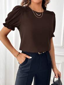 SHEIN Essnce Kemeja Lengan Pendek Wanita Warna Polos Kerah Bulat Kasual Serbaguna untuk Berpergian - Coffee Brown - View 3