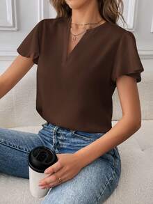 SHEIN Essnce 女士休闲通勤夏季纯色荷叶袖钥匙孔领衬衫 - 咖啡棕 - 查看 3