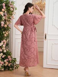 SHEIN Elegant Maternity Jacquard V-Neck Ruffle Sleeve Dress, Summer - Dusty Pink - View 2